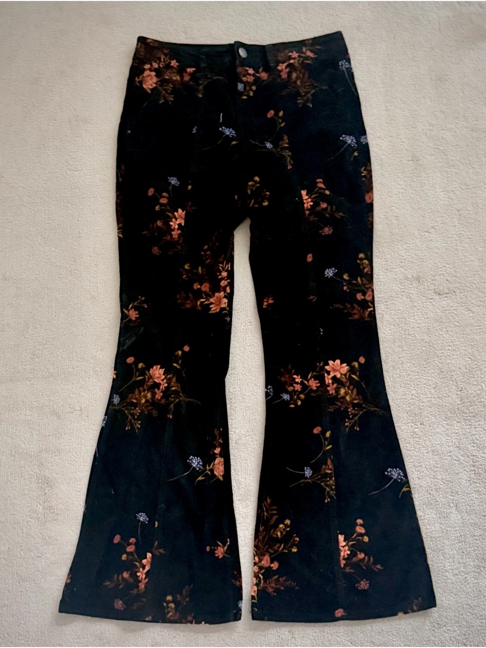 Forever 21 Women’s Black Velvet Orange Floral High Waisted Bell Bottom Jeans L